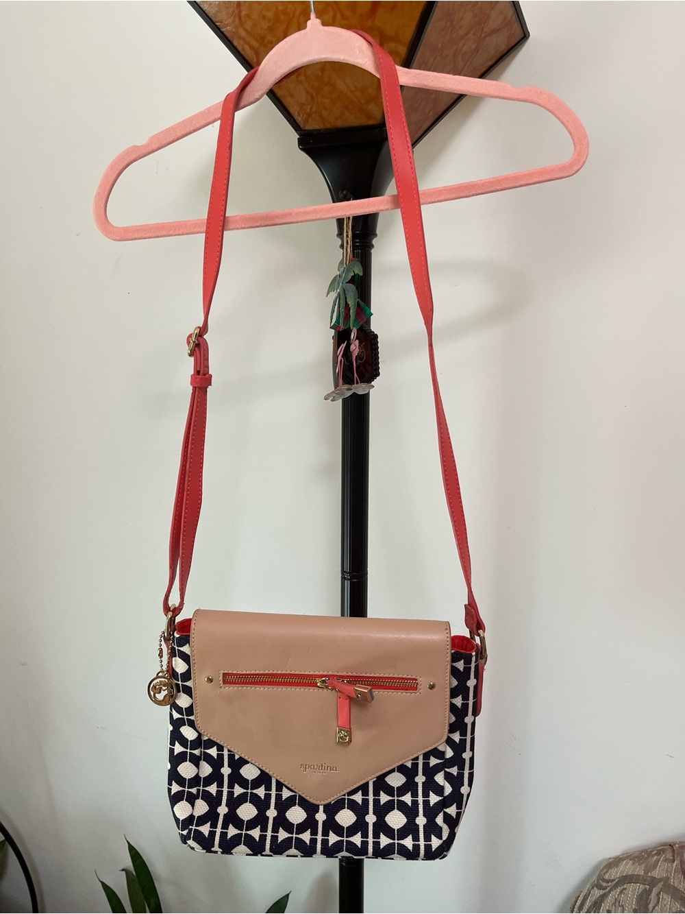 Spartina 449 Crossbody Bag in Navy & Beige with Coral Trim